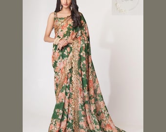 Green Printed Organza Saree : Ready to Wear, Indian Wedding Wear
