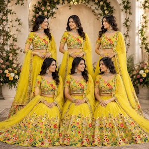Gula haldi-funktionskläder med paljettbroderi, Lehenga Choli | Indiska bröllopskläder