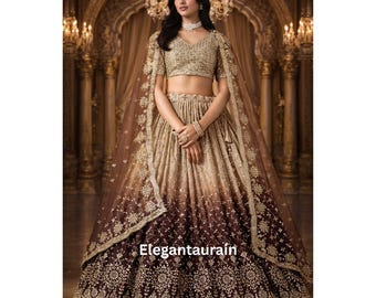 Embroidered Georgette Wedding Lehenga Choli: Brown & Beige Indian Bridal Wear