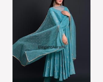 Sky Blue Anarkali Gown: Embroidered Silk Indian Wedding Dress with Dupatta