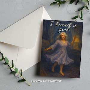 Romantic Lesbian First Kiss Card | Later in Life Love | “I Kissed a Girl” Digital Bifold Download | Queer Affirming Art