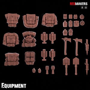 May include: A collection of brown miniature equipment pieces, including backpacks, pouches, axes, shovels, grenades, and knives. The backpacks feature skull designs. The word "EQUIPMENT" is printed in white at the bottom of the image.