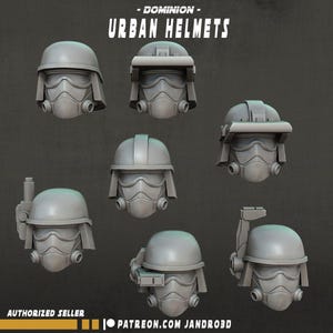 May include: A collection of seven grey, unpainted resin-style helmets labeled Dominion Urban Helmets. Each helmet features a rounded dome, a visor, a face mask with circular side vents, and various attachments like antennas, visors, and scanners.