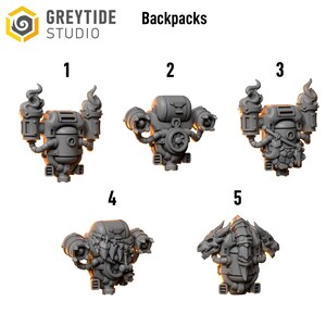May include: Five gray, detailed backpack designs. The backpacks have various features, including flame-like elements, mechanical components, and textured surfaces. The text "Backpacks" is visible at the top of the image, along with the "GREYTIDE STUDIO" logo.