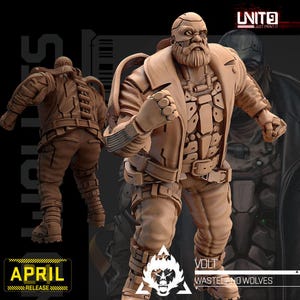 May include: A detailed 3D model of a male figure in a futuristic outfit, with a rugged appearance and a full beard. The figure is in a dynamic pose, with a clenched fist. The model is labeled "VOLT" and "Wasteland Wolves". The image also includes the text "APRIL RELEASE".