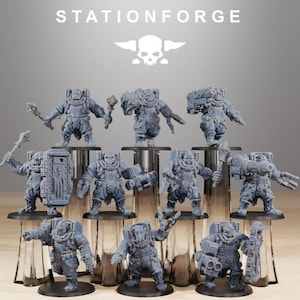 May include: A collection of gray miniature figurines, each depicting a heavily armored character with various weapons and equipment. The figurines are arranged on clear stands, with the "STATIONFORGE" logo and a skull emblem at the top.