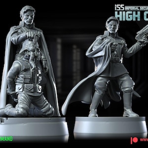 May include: Two gray miniature figurines labeled "ISS High Command" from "Retaliator Raid." One figure kneels, holding another figure. The second figure stands, holding a gun. The text "ISS Imperial Security Service High Command" is visible.