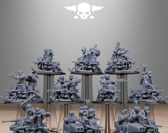 May include: A collection of gray miniature figurines depicting soldiers on snowmobiles and sleds. The figurines are arranged on clear stands. The text "STATIONFORGE" and a skull logo are visible at the top of the image.