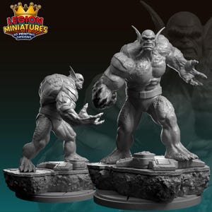 May include: Two gray, muscular monster figurines in dynamic poses, standing on textured bases. The figures have detailed skin textures, pointed ears, and menacing expressions. The logo "LEGION MINIATURES 3D PRINTING DESIGNS" is visible in the upper left corner.