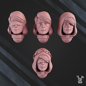 May include: Four pink-toned sculpted heads with blindfolds or hoods. The heads have detailed facial features and cracks. One head has a crown-like detail. The heads are likely for miniature figures or models.