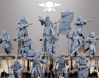 May include: A selection of grey miniature figurines, each representing a character in a futuristic military uniform. The figurines are posed with various weapons and accessories, including swords, rifles, and banners. The text "STATIONFORGE" is displayed above the figurines.