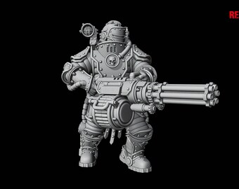 May include: A grey 3D model of a heavily armoured figure holding a large multi-barrelled weapon. The figure is wearing a helmet and body armour with mechanical details. The image includes the text "Pose 2" and the Redmakers logo.