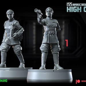 May include: Two gray miniature figurines of characters from the "Retaliator Raid" series. One figure holds a weapon, the other carries a case. The text "ISS HIGH COMMAND" is visible, along with the War Bear Studios logo.