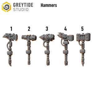 May include: Five gray hammers with unique designs are displayed. Each hammer has a different head shape, including a dragon, a cylinder, and a rectangular shape. The handles are detailed with various textures and shapes. The text "Hammers" is above the hammers.
