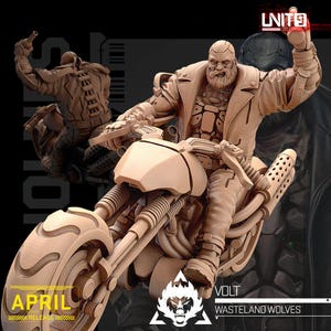 May include: A tan-colored figurine of a man riding a futuristic motorcycle, with a second figure in the background. The figurine has a detailed design, with the text "VOLT" and "WASTELAND WOLVES" visible. The word "APRIL" is also present.