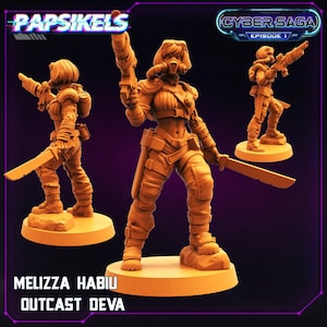 May include: Three orange-toned Melizza Habiu Outcast Deva figurines from Cyber Saga Episode 1. Each figure is a detailed depiction of a futuristic warrior, armed with a blade or a gun, and wearing protective gear. The Papsikels logo is at the top left.