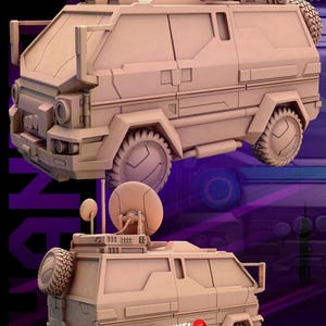 May include: A tan-colored, stylized Echo Van model with a large satellite dish and other antennas on top. The vehicle has large wheels and a spare tire. The text "CHANNEL 77" and "ECHO VAN" are visible. The image also includes the text "DECEMBER RELEASE".