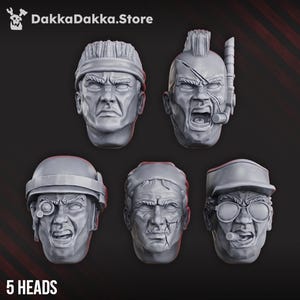 May include: Five gray, detailed sculpted heads with various expressions and headwear. One head has a mohawk and a breathing tube. Another wears a cap and glasses, with a cigar. The text "5 HEADS" is at the bottom.