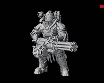 May include: A grey, armoured figure with a large multi-barrelled gun, skull emblem, and mechanical details. The figure is in a standing pose, with the text "Pose 5" at the bottom. The Redmakers logo is in the top right corner.