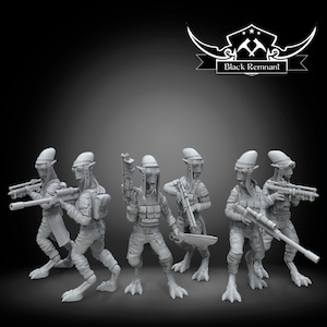 May include: A group of six gray alien figures, each armed with futuristic rifles and wearing tactical gear. The figures have elongated heads and are posed in a dynamic, action-oriented arrangement. The image includes the text "Black Remnant".