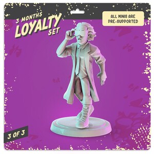 May include: A light gray miniature figurine of a scientist wearing a lab coat, tie, and futuristic visor, standing on a circular base. The packaging features a purple background with the text 3 MONTHS LOYALTY SET, 3 OF 3, and ALL MINIS ARE PRE-SUPPORTED.