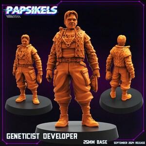 May include: A monochromatic orange miniature figure of a person wearing a textured jacket, utility pants, and boots, standing on a 25mm base. The figure is shown from the front and back, with the text PAPSIKELS, GENETICIST DEVELOPER, and 25MM BASE.