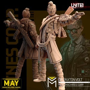 May include: A 3D-printed figurine of a futuristic character in a beige coat, glasses, and a high bun. The figure is pointing forward. The image includes the text "DR. PAXTON VOLT" and "MICROMACHINES CORP."