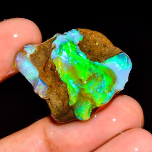 May include: A rough opal gemstone with vibrant green, blue, and yellow flashes. The opal is held in a hand, showcasing its natural, unpolished texture and earthy brown matrix. The gemstone displays a play of color.