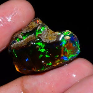May include: A rough, uncut black opal gemstone with vibrant flashes of green, blue, and orange. The opal is held in a hand, showcasing its iridescent play-of-color against a dark background. The stone has a rough, natural texture.