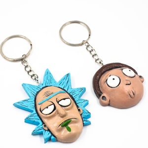 以下が含まれることがあります： 漫画のキャラクターの顔が特徴の2つのキーホルダー。1つのキーホルダーは、緑色のよだれが付いた顔の周りに青いとげのあるデザインがあります。もう1つのキーホルダーは、茶色の髪の顔をしています。どちらのキーホルダーにも、シルバーのキーリングとチェーンが付いています。