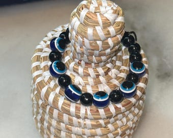 Adjustable Black Blue Evil Eye Protection Bracelet – Unisex Handmade Beaded Jewelry