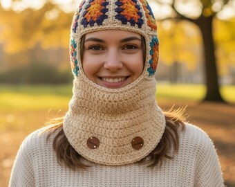 かぎ針編みのカラフルなバラクラバ、手作りニットビーニー、冬用フード