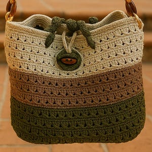 Handmade Crochet Shoulder Bag: Boho Cotton Knit Tote with Leather Handle