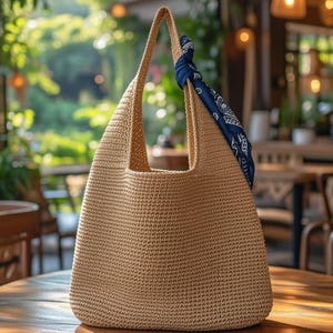 Handmade Raffia Tote Bag, Minimalist Crochet Shoulder Bag, Summer Beach Purse, Boho Straw Bag with Scarf, Woven Hobo Bag, Gift for Her