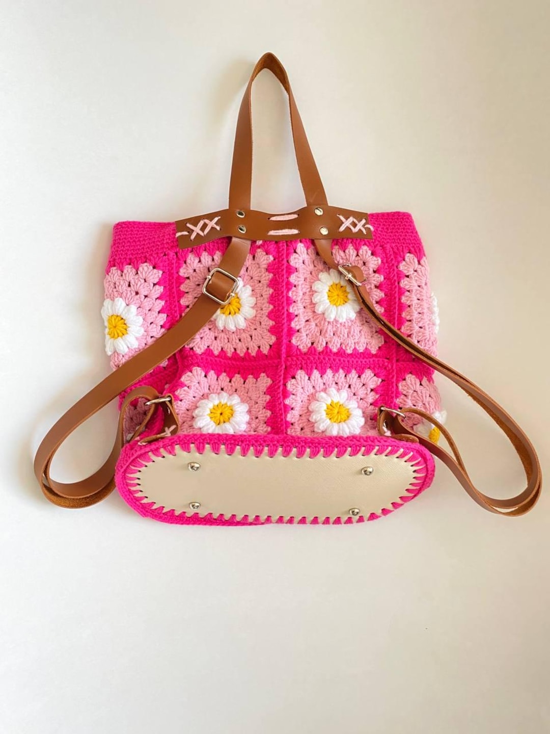 Boho Handmade Crochet Granny Square Drawstring Backpack Bag Purse Pink Tan Crochet Rose Backpack Pattern | DIY Handmade Backpack  main image 3