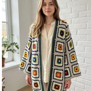 Crochet Granny Square Cardigan: Handmade Colorful Boho Sweater Jacket, Retro Patchwork Knit Coat