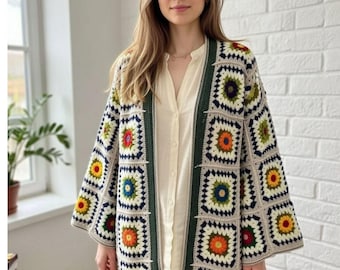 Handmade Crochet Long Cardigan, Colorful Granny Square