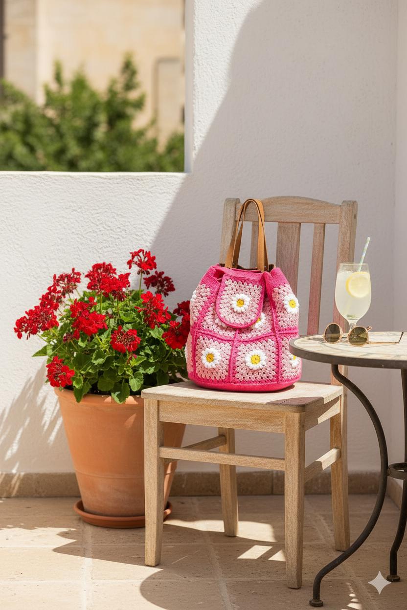 Boho Handmade Crochet Granny Square Drawstring Backpack Bag Purse Pink Tan Crochet Rose Backpack Pattern | DIY Handmade Backpack  main image 4