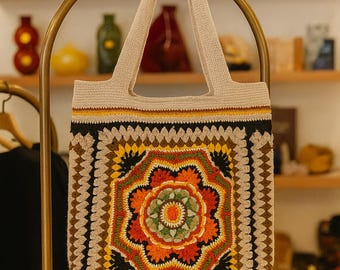 Handgemachte Mandala häkeln Einkaufstasche - Boho bunte Schultertasche - Baumwollgarn - Fashion Häkeltasche, Einzigartiges Geschenk für Frauen