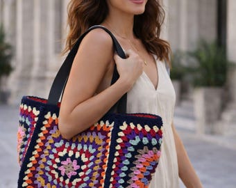 Bolso de crochet cuadrado de la abuela: bolso bohemio colorido hecho a mano, bolso de hombro de punto retro