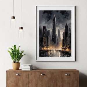 Moody Night Cityscape Art Print: Urban Street Scene (Digital Download)