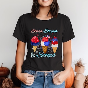 4. Juli Eistüte Shirt, Vaterländisches Sommer T-Shirt, Rot Weiß Blaue Eis Grafik, Sterne und Konfetti USA Feier Shirt