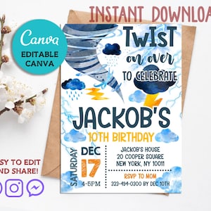 Può includere: Un invito di compleanno con un design a tornado ad acquerello blu e bianco. L'invito include il testo "Twist on over to celebrate Jackob's 10th Birthday" e i dettagli dell'evento. L'invito è modificabile in Canva.