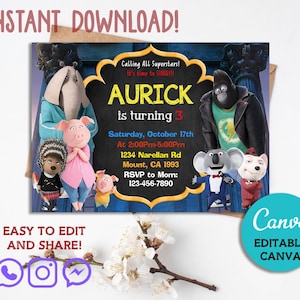 Könnte beinhalten: Eine Geburtstagseinladung mit Charakteren aus dem Film "Sing". Die Einladung hat einen schwarzen Hintergrund mit gelbem Text, der "AURICK wird 3" lautet. Sie enthält Eventdetails und den Text "SOFORT-DOWNLOAD!" und "EINFACH ZU BEARBEITEN UND ZU TEILEN!"