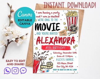 Movie Night Invitation, Editable Movie Night Birthday Invitation, Cinema Party, Movie Invitation, Movie Night Birthday