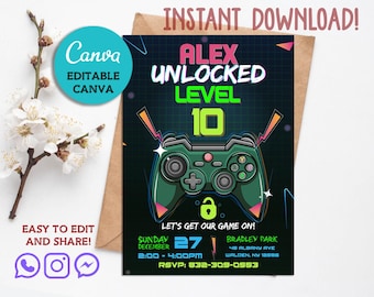 May include: A digital invitation with a gaming theme. The design features a green game controller, the text "ALEX UNLOCKED LEVEL 10," and event details. The invitation is set against a dark background with a grid pattern and includes the Canva logo.