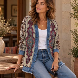 Boho Jacket, Floral Cardigan, Denim Trim Jacket, Patchwork Coat, Womens Boho Clothing