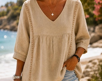 Women’s Loose V Neck Blouse, Lace Trim Boho Tunic, Three Quarter Sleeve Top