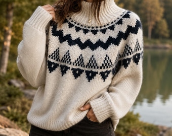 Damen-Strickpullover im nordischen Stil, Fair-Isle-Pullover, cremefarbener/schwarzer Oversize-Winterpullover