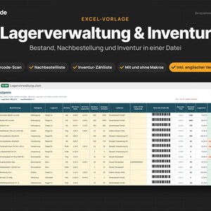 May include: An Excel template for inventory management titled Lagerverwaltung & Inventur. The interface displays a spreadsheet with columns for item numbers, descriptions, categories, stock levels, and status indicators on a dark background.